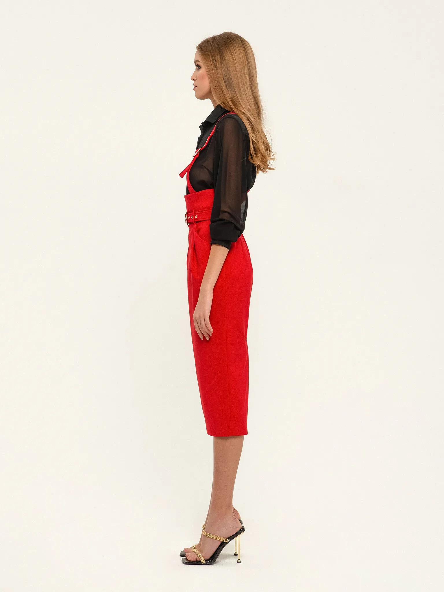 Red Office High Waist Solid Color Skirt with Pockets & Strap