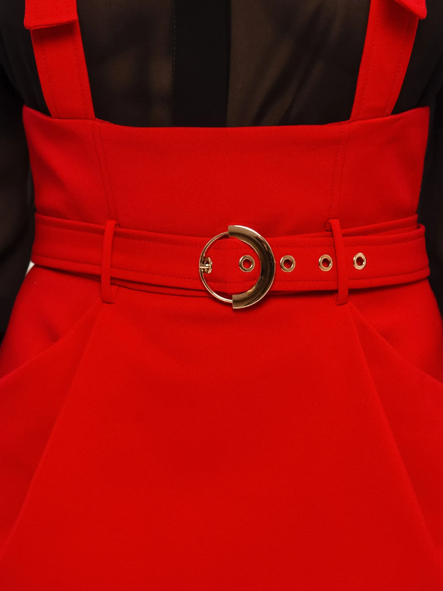 Red Office High Waist Solid Color Skirt with Pockets & Strap