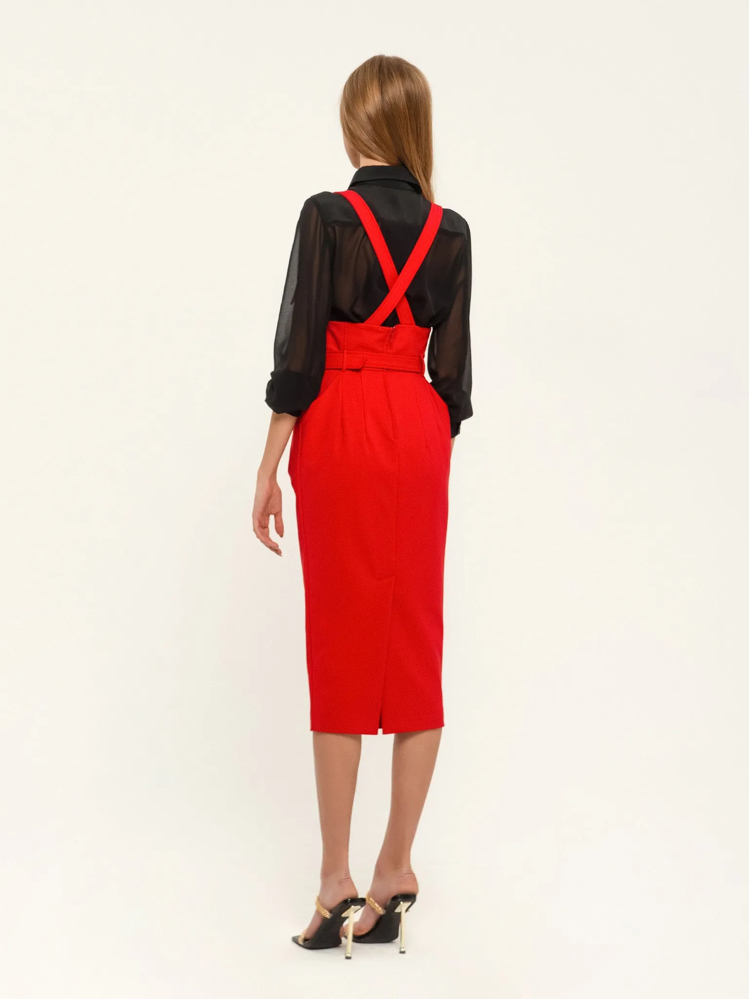 Red Office High Waist Solid Color Skirt with Pockets & Strap
