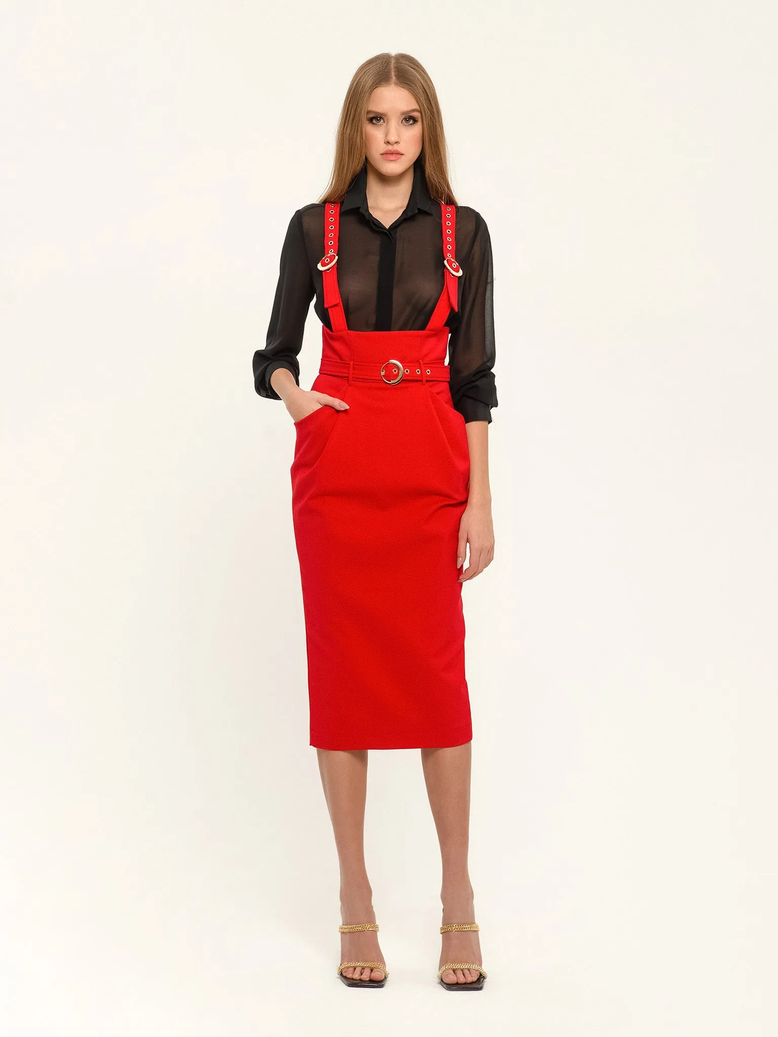 Red Office High Waist Solid Color Skirt with Pockets & Strap