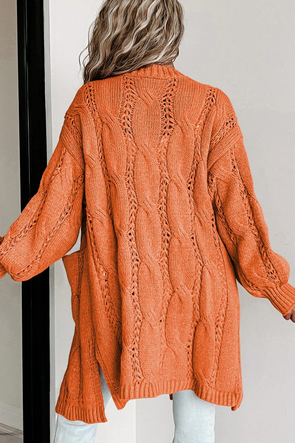 Red Ribbed Trim Eyelet Cable Knit Cardigan