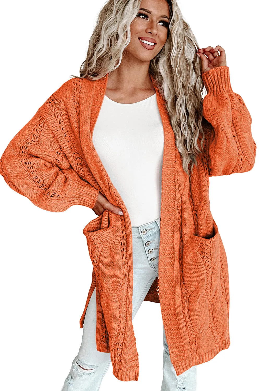 Red Ribbed Trim Eyelet Cable Knit Cardigan