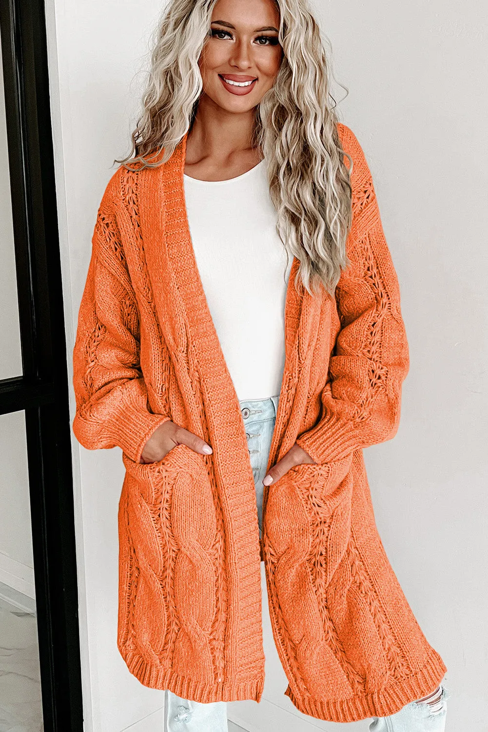 Red Ribbed Trim Eyelet Cable Knit Cardigan