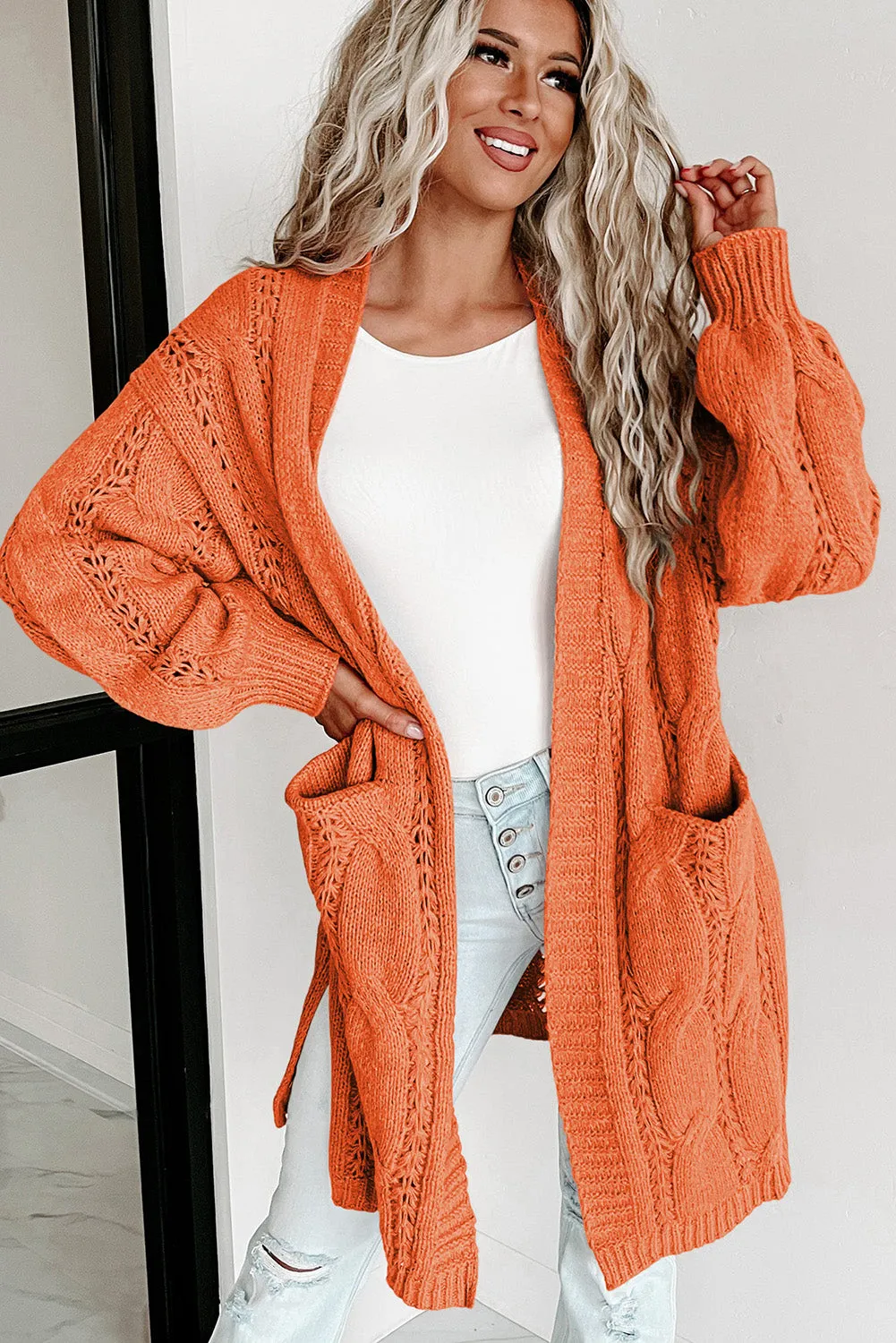 Red Ribbed Trim Eyelet Cable Knit Cardigan
