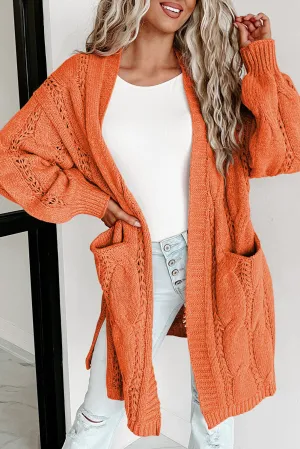 Red Ribbed Trim Eyelet Cable Knit Cardigan