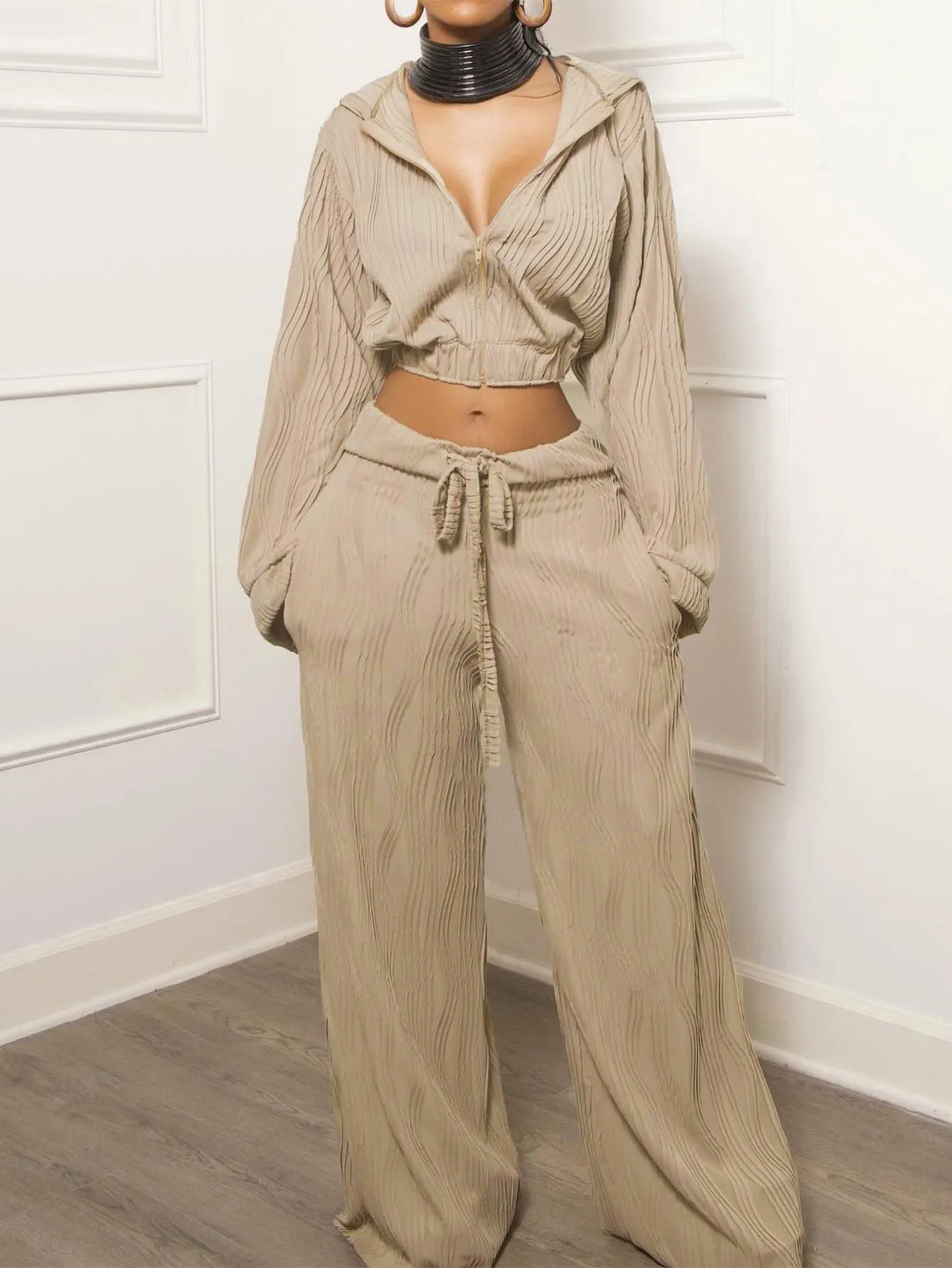 Relaxed Zipper Hoodie and Wide-Leg Pants Two-Piece Set