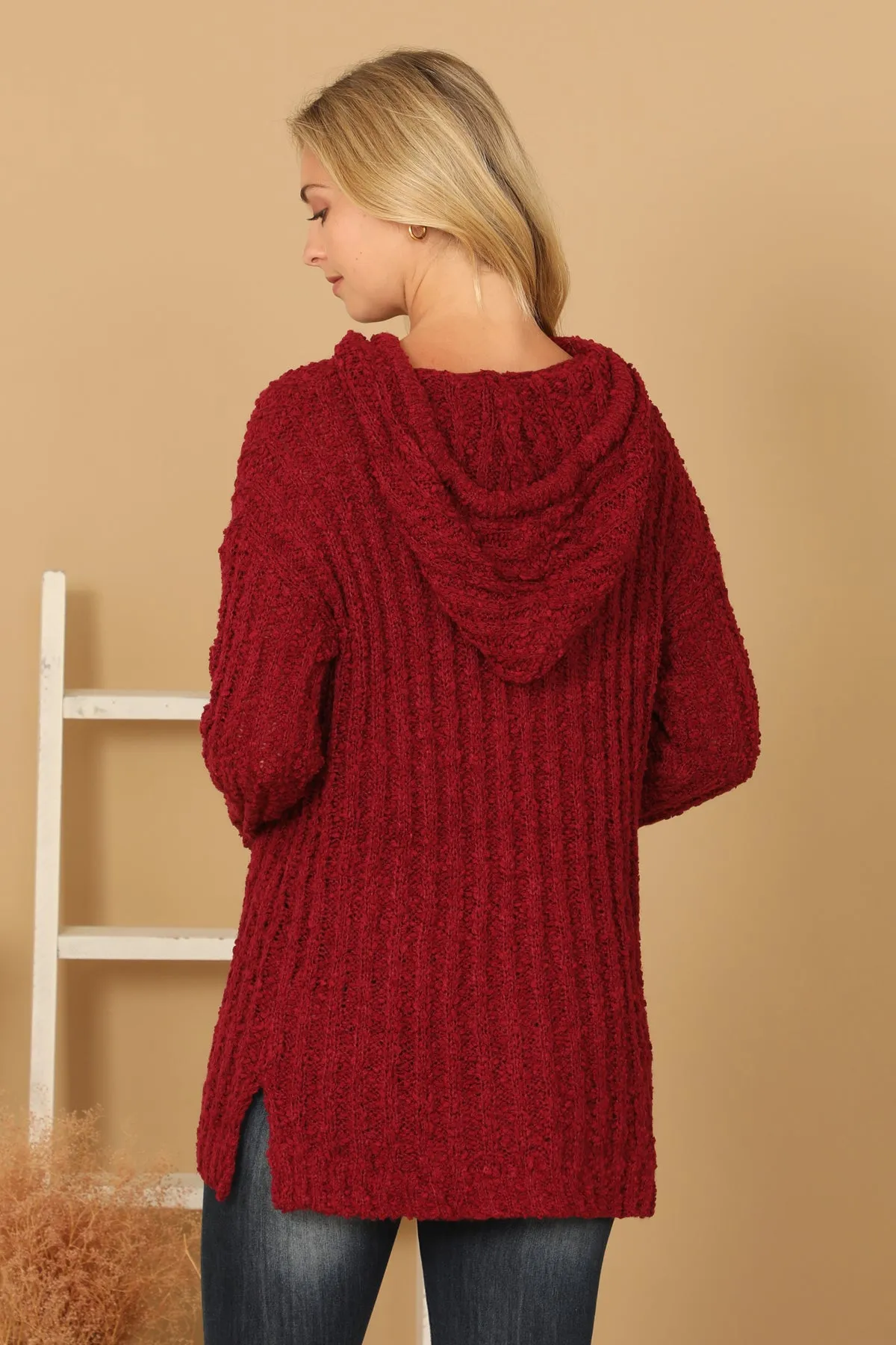 RIBBED POPCORN KNIT TUNIC HOODIE SWEATER