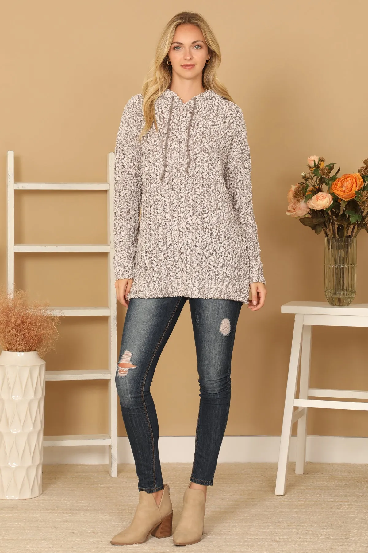 RIBBED POPCORN KNIT TUNIC HOODIE SWEATER