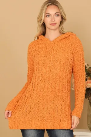 RIBBED POPCORN KNIT TUNIC HOODIE SWEATER