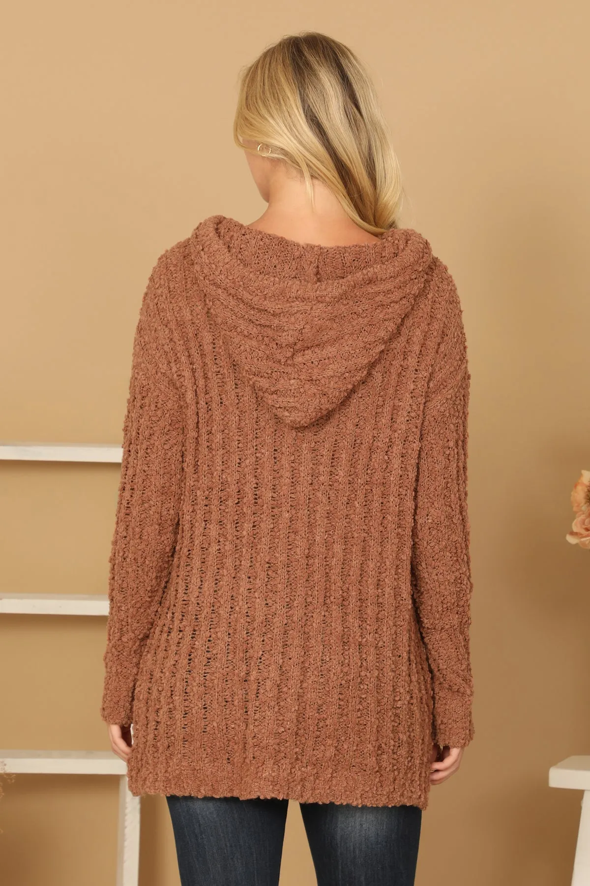 RIBBED POPCORN KNIT TUNIC HOODIE SWEATER