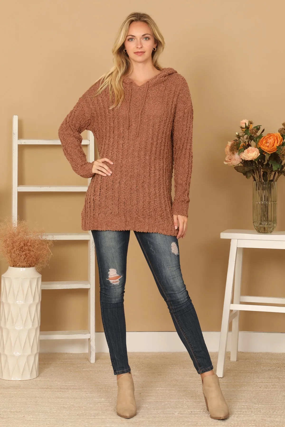 RIBBED POPCORN KNIT TUNIC HOODIE SWEATER