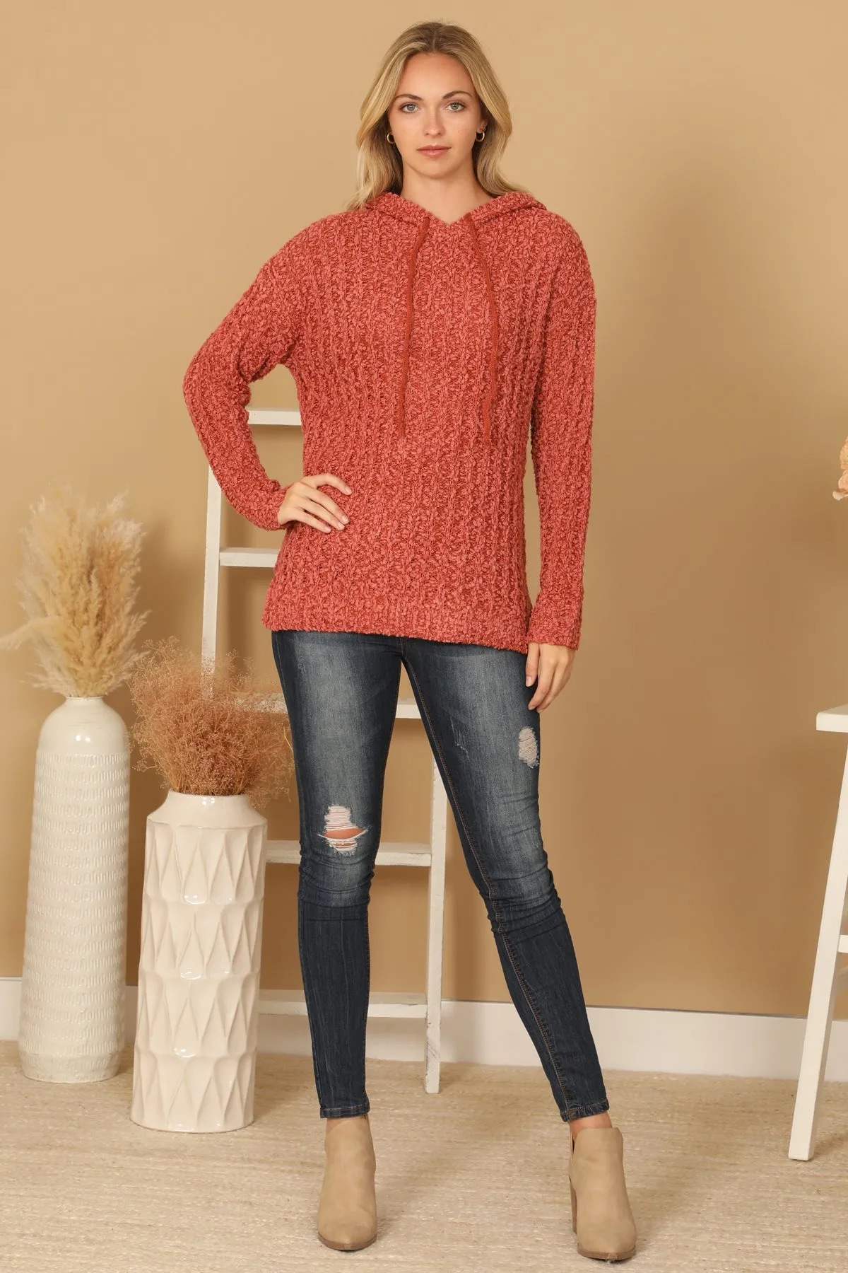 RIBBED POPCORN KNIT TUNIC HOODIE SWEATER