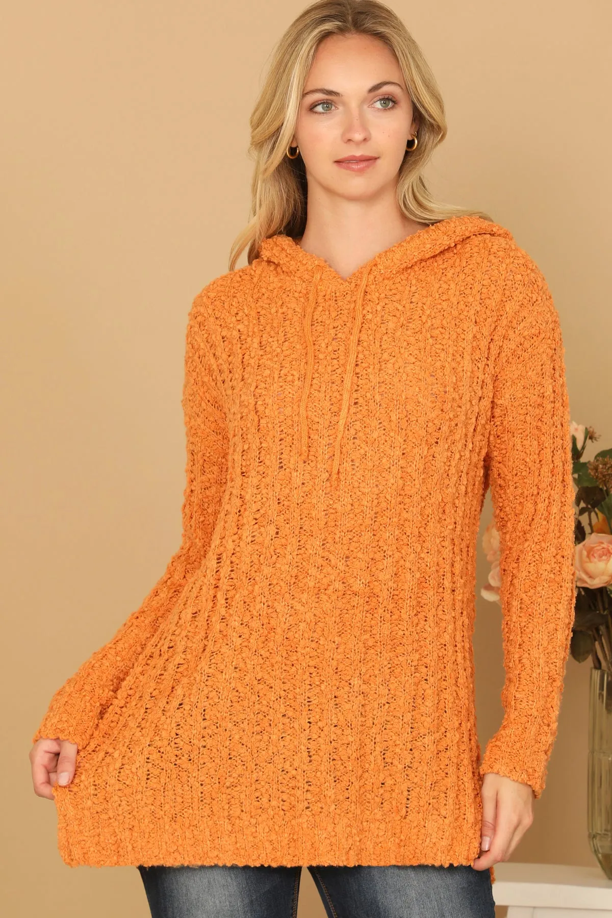RIBBED POPCORN KNIT TUNIC HOODIE SWEATER
