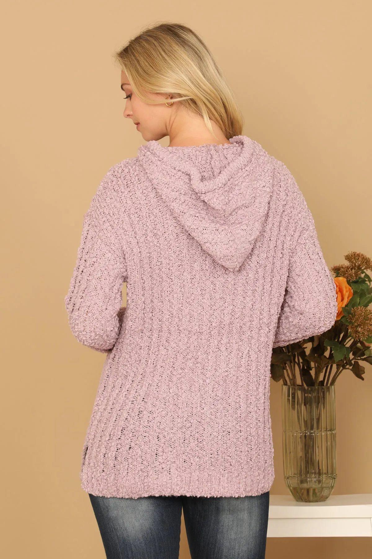 RIBBED POPCORN KNIT TUNIC HOODIE SWEATER
