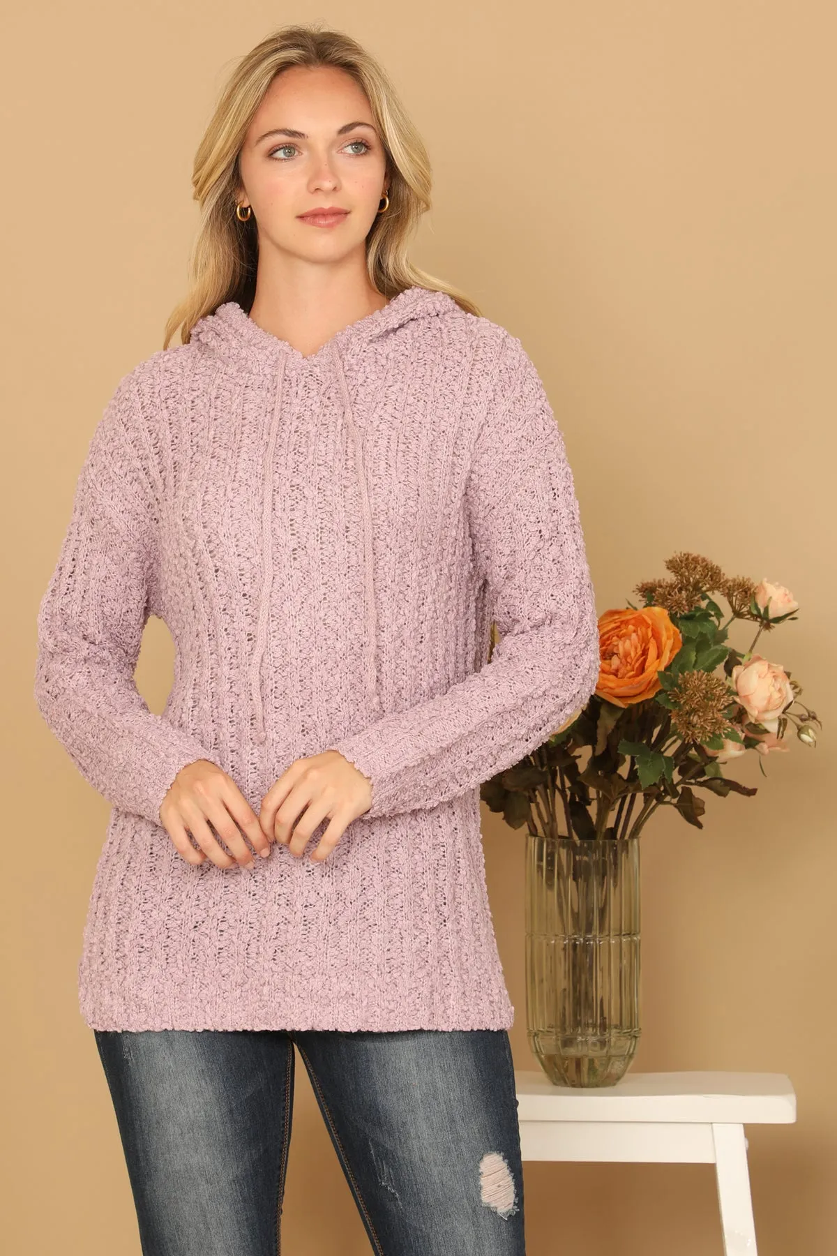 RIBBED POPCORN KNIT TUNIC HOODIE SWEATER