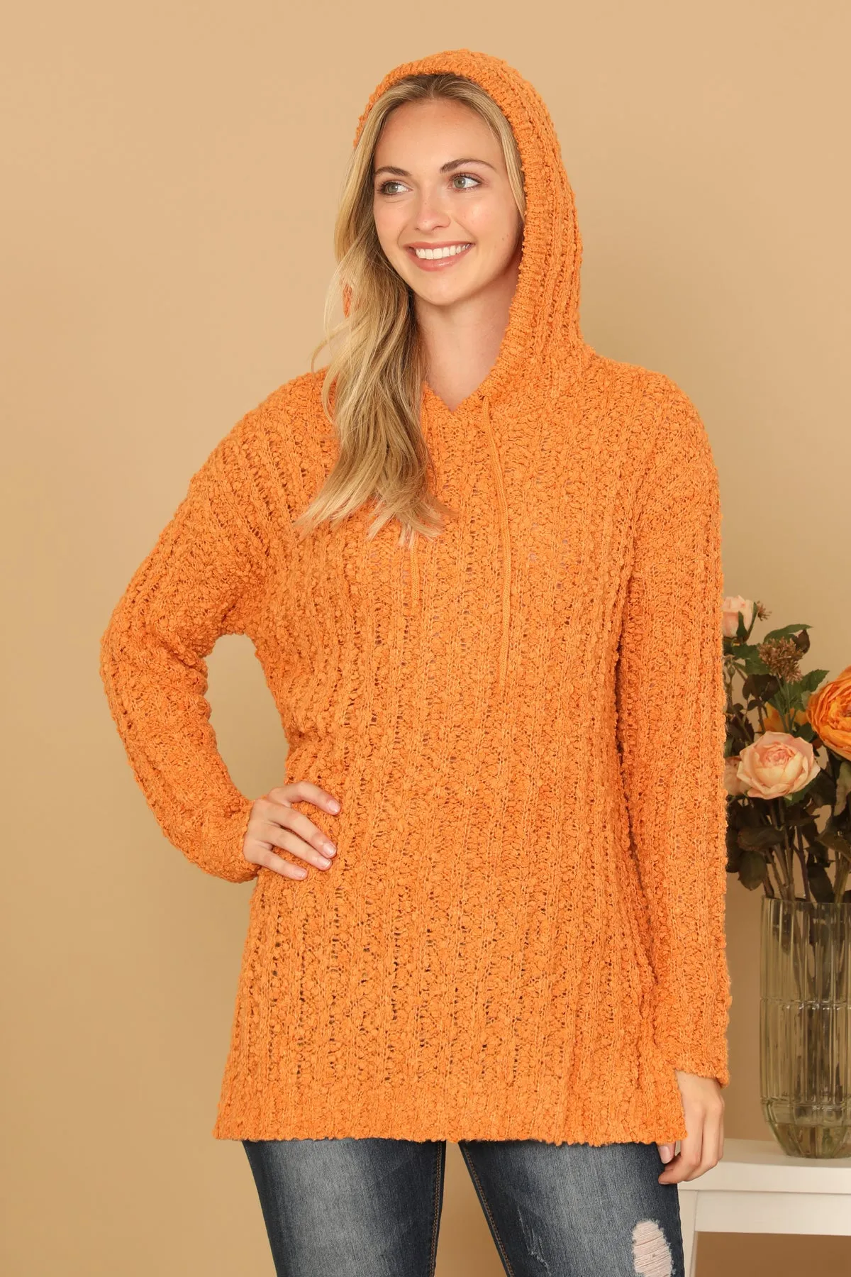 RIBBED POPCORN KNIT TUNIC HOODIE SWEATER