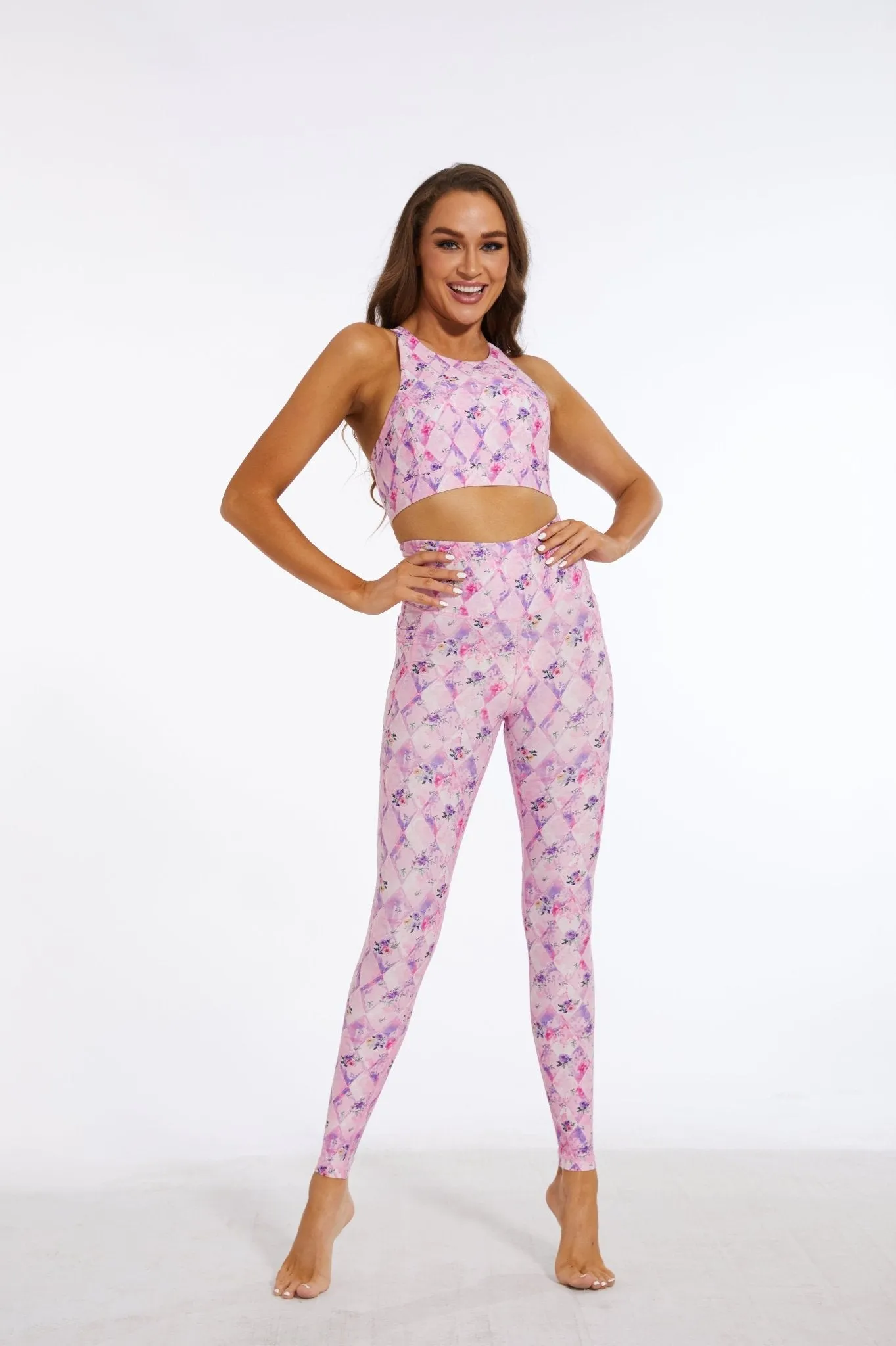 Rosé Lattice Luxe Leggings – Vintage Pink Floral Grid with Pocket