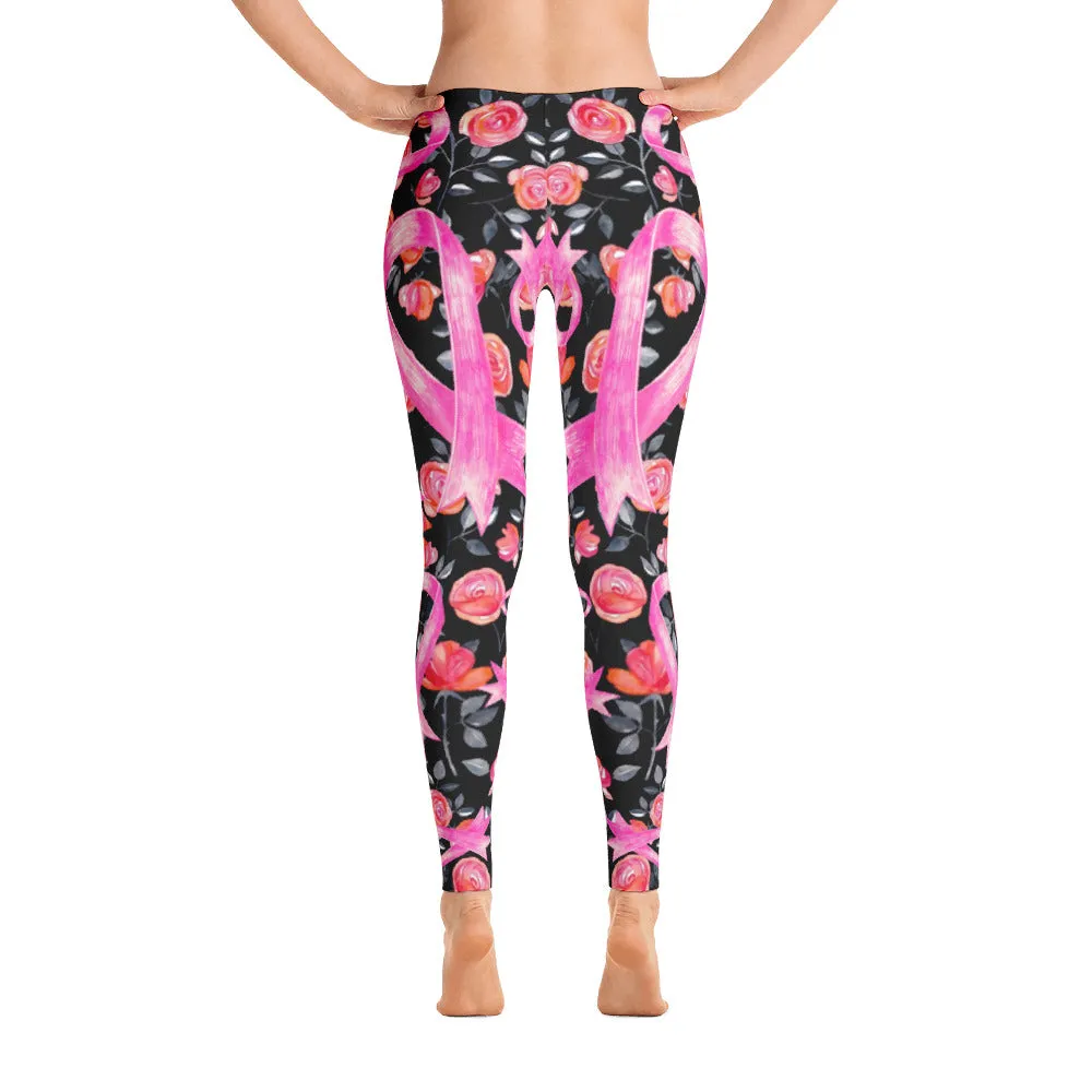 Roses & Pink Ribbon Leggings - Black