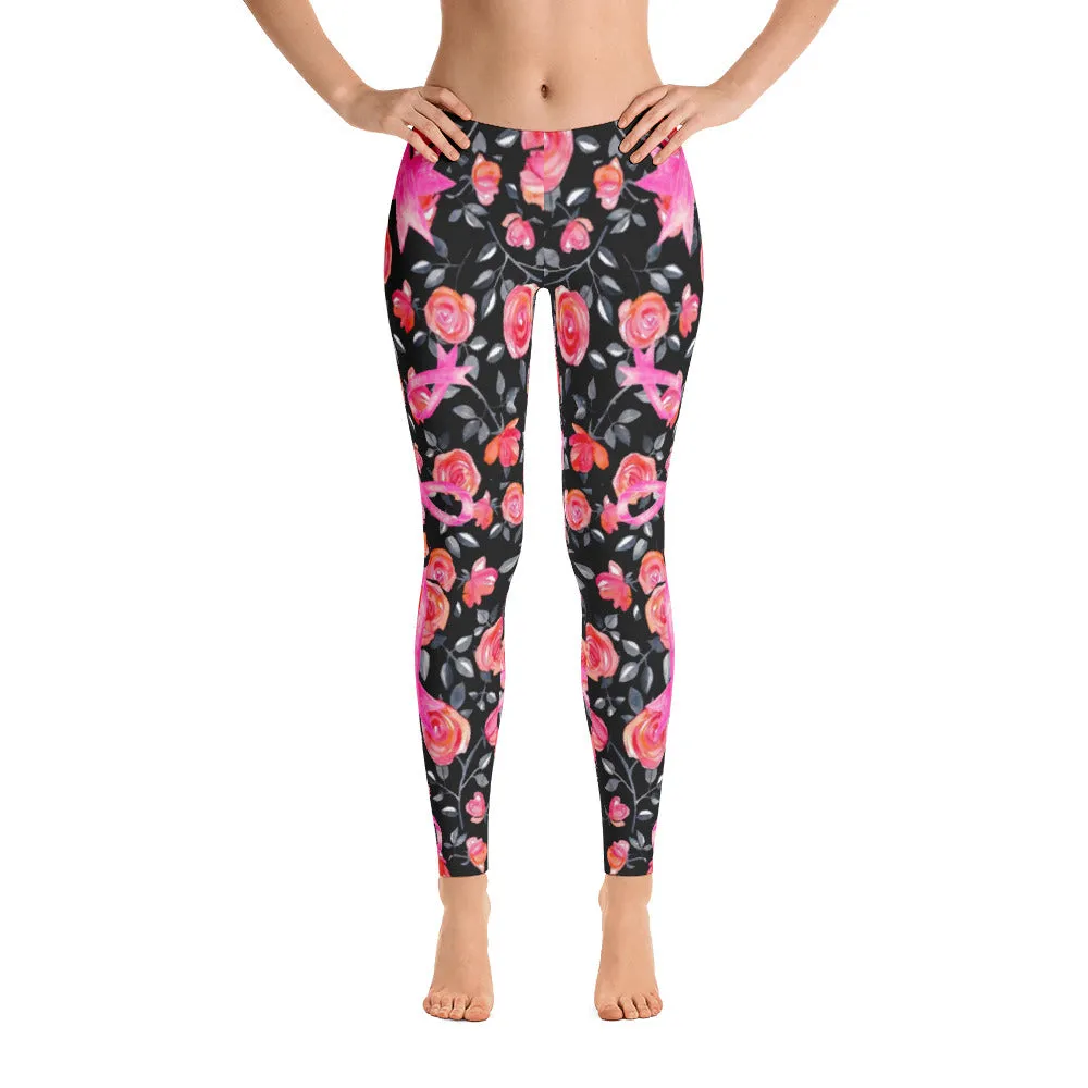 Roses & Pink Ribbon Leggings - Black