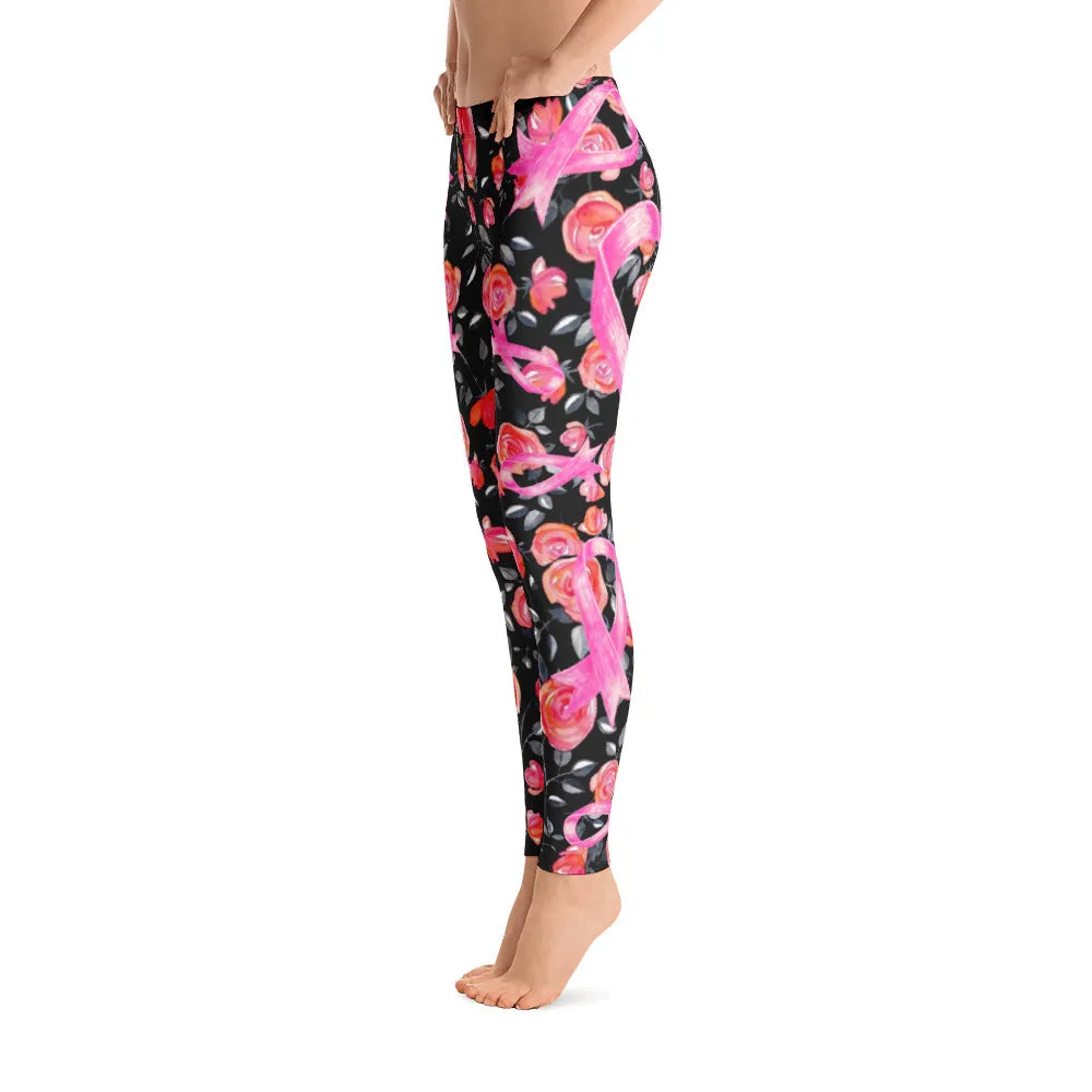 Roses & Pink Ribbon Leggings - Black