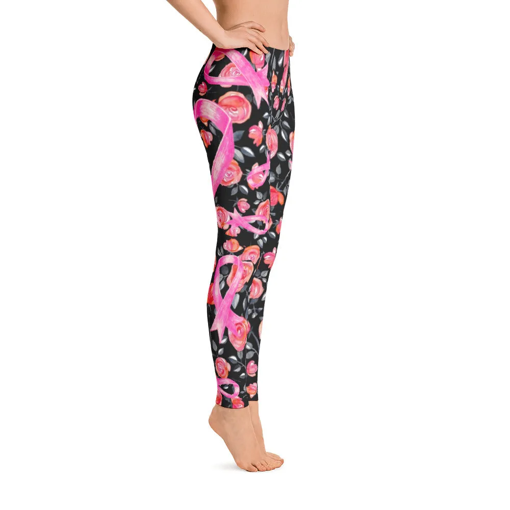 Roses & Pink Ribbon Leggings - Black