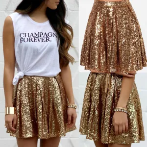 Sequin Mini Flare Skirt in Gold Glitter