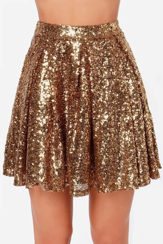 Sequin Mini Flare Skirt in Gold Glitter