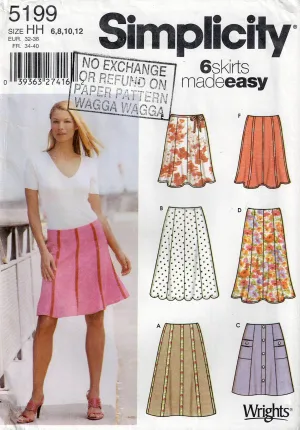 Simplicity 5199 Womens Panelled Skirts Out Of Print Sewing Pattern Size 6 - 12 UNCUT Factory Folded
