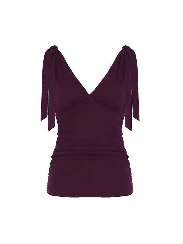 Sleeveless vintage top in plain purple with crossed V-neck