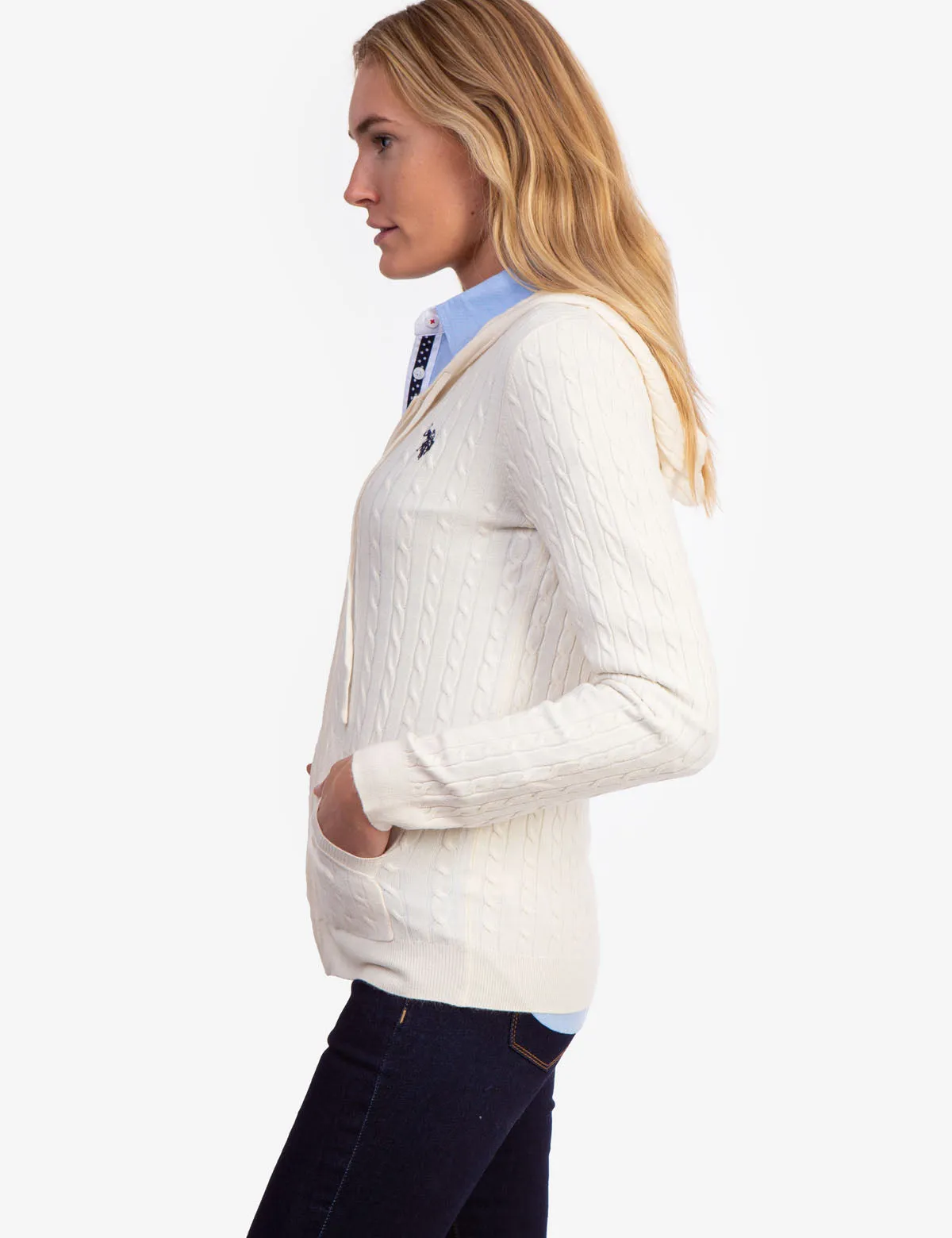 SOFT CABLE ZIP UP SWEATER WITH HOOD