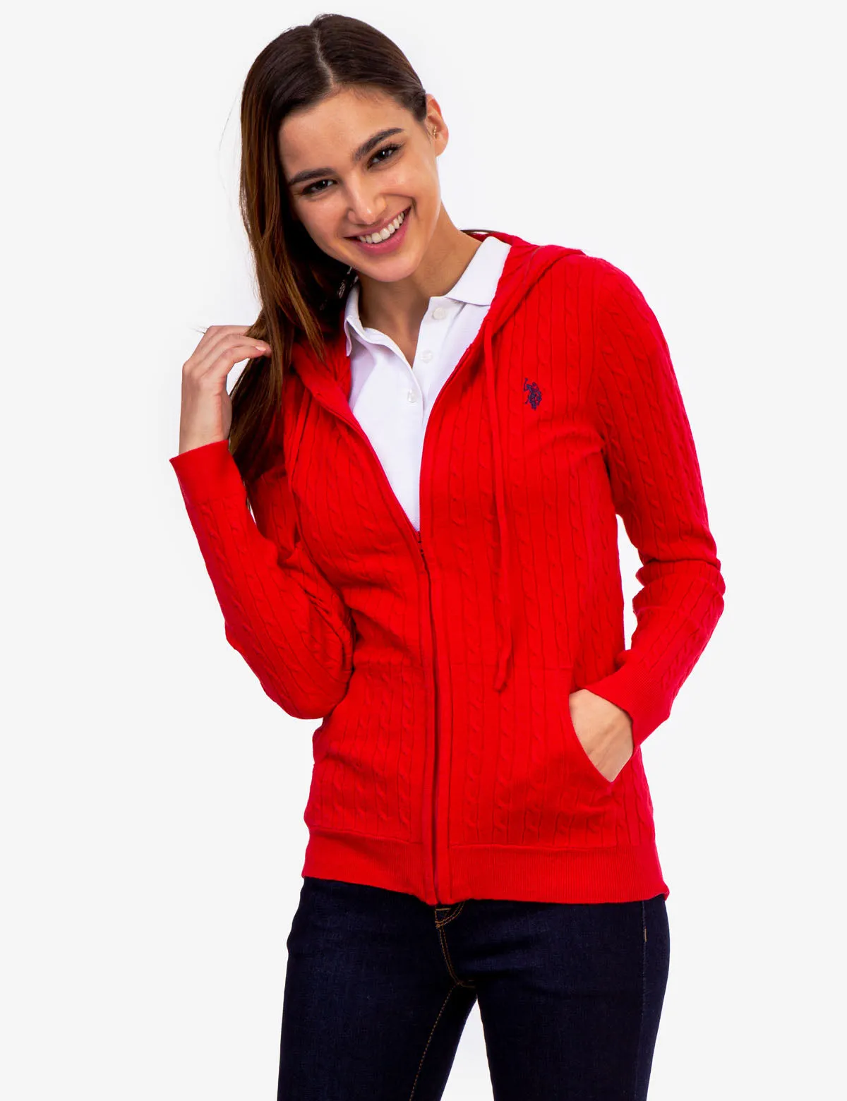 SOFT CABLE ZIP UP SWEATER WITH HOOD