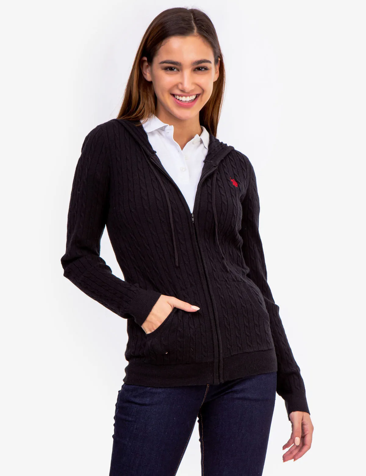 SOFT CABLE ZIP UP SWEATER WITH HOOD