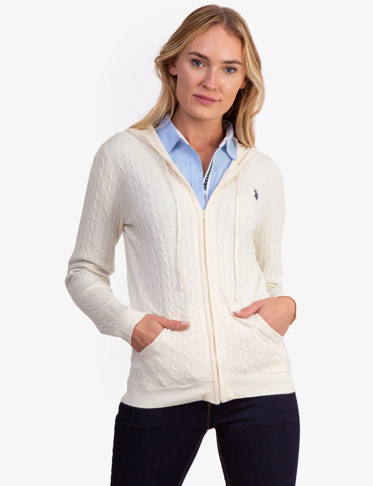 SOFT CABLE ZIP UP SWEATER WITH HOOD