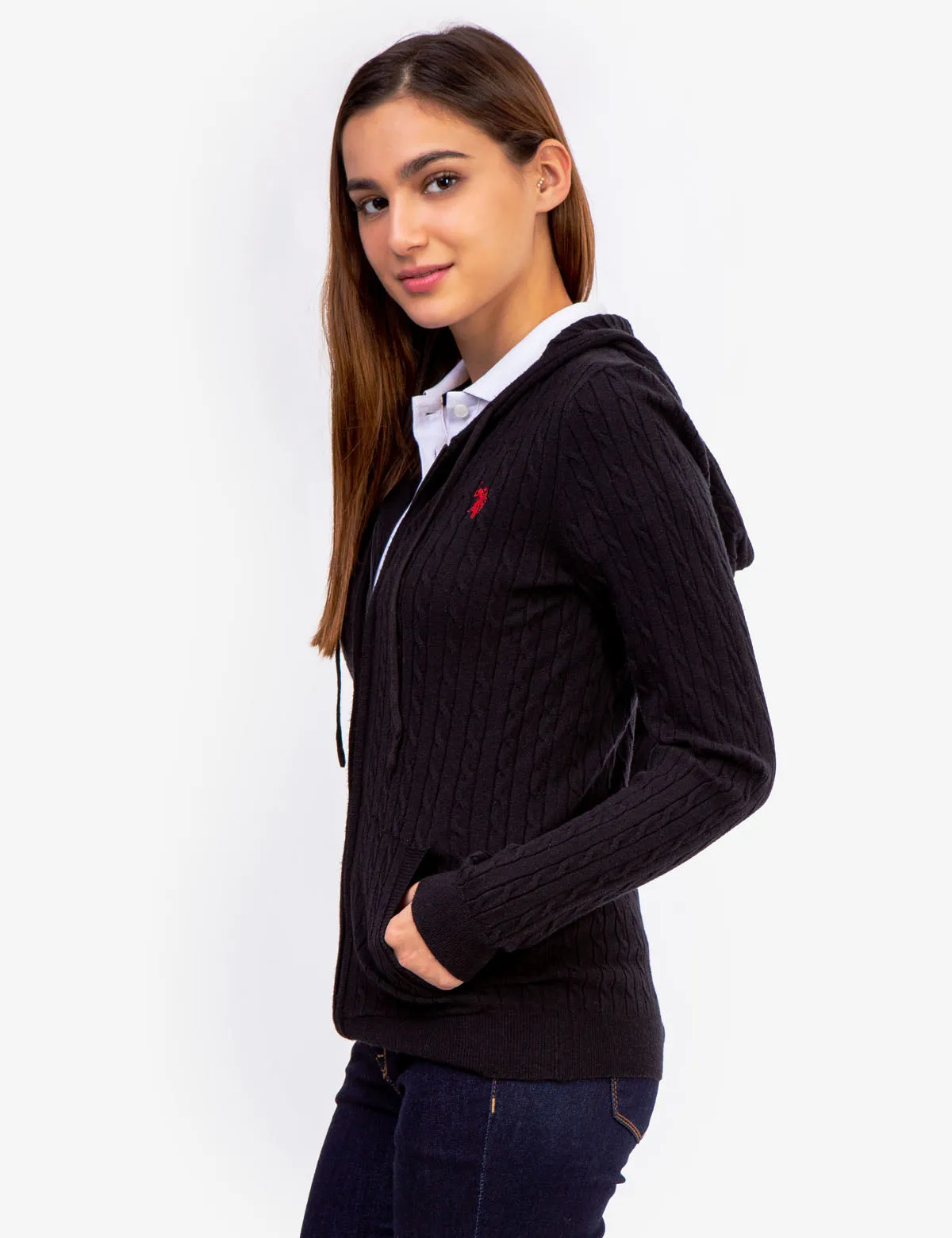 SOFT CABLE ZIP UP SWEATER WITH HOOD