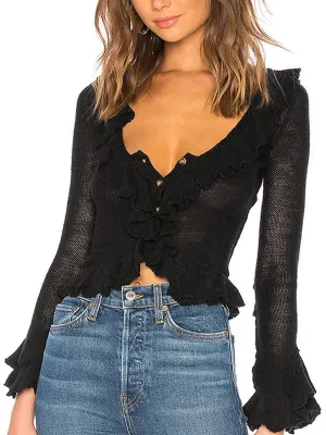 Solid color vintage V-neck ruffle long sleeve knit sweater
