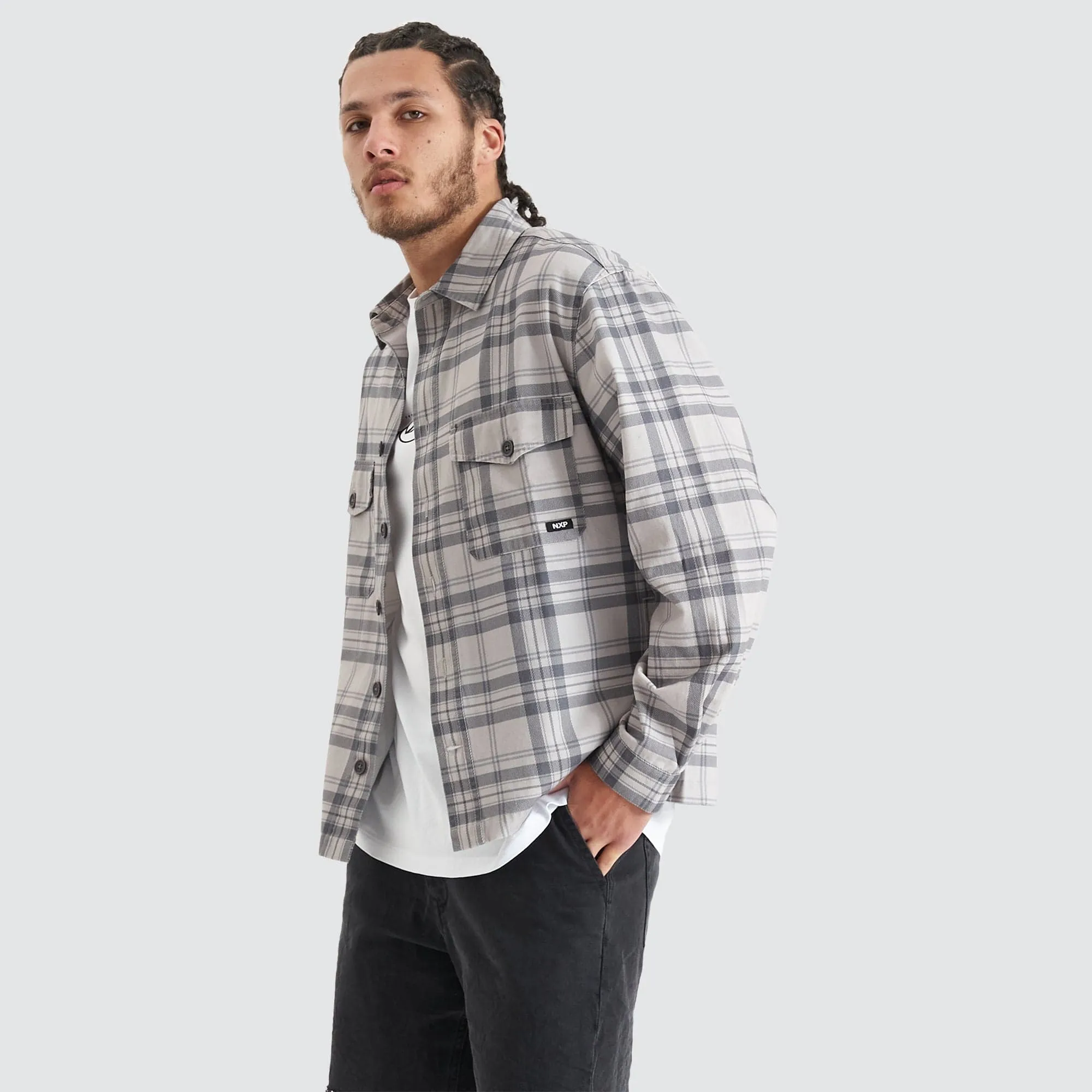 Solid Relaxed Overshirt Castlerock/Frost Grey Check