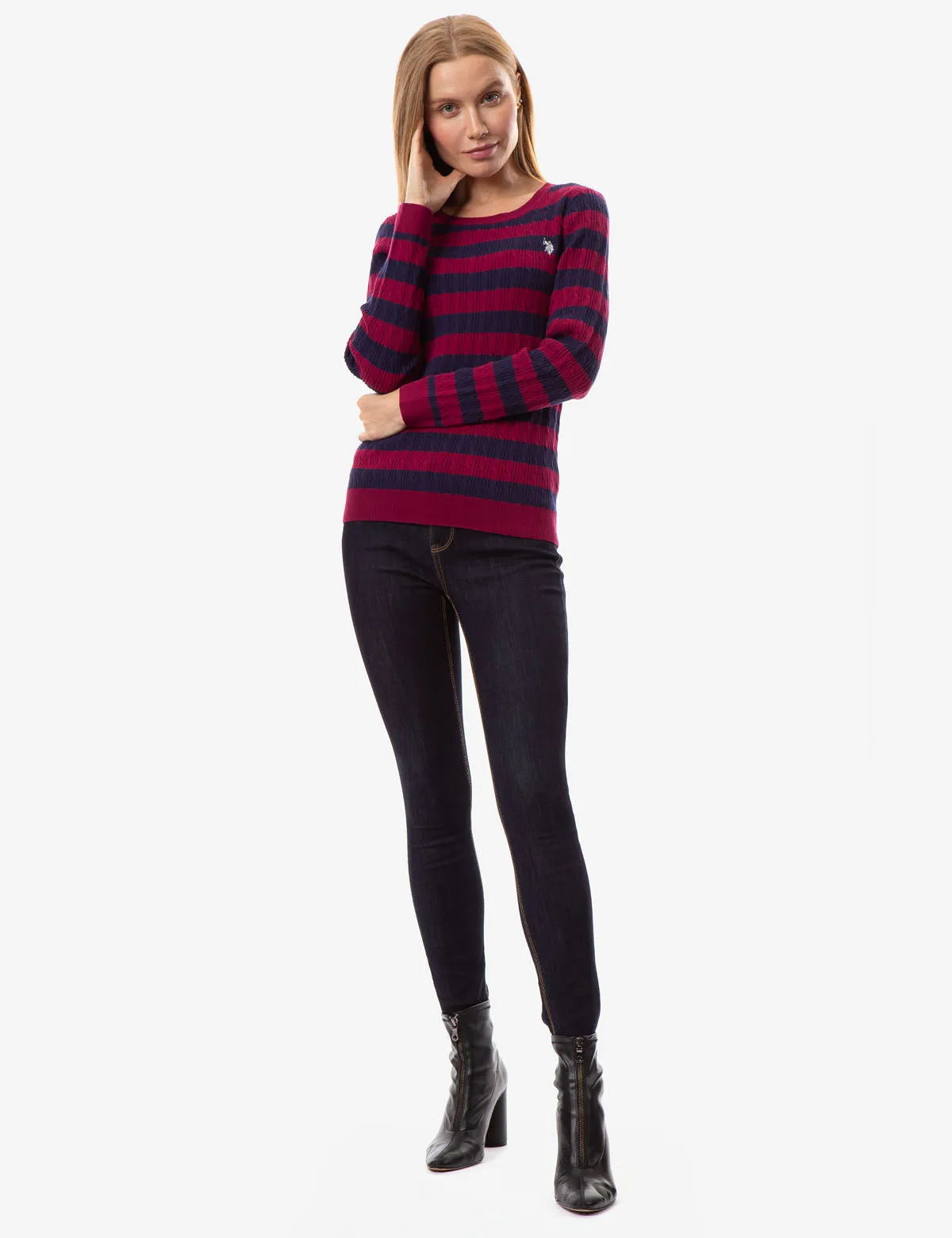 STRIPED CABLE KNIT SWEATER