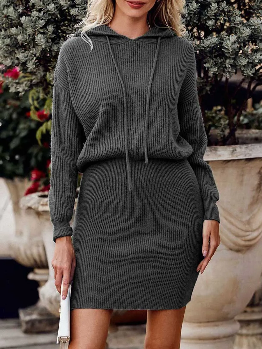 Stunncal Solid Color Hooded Waisted Knit Wrap Skirt