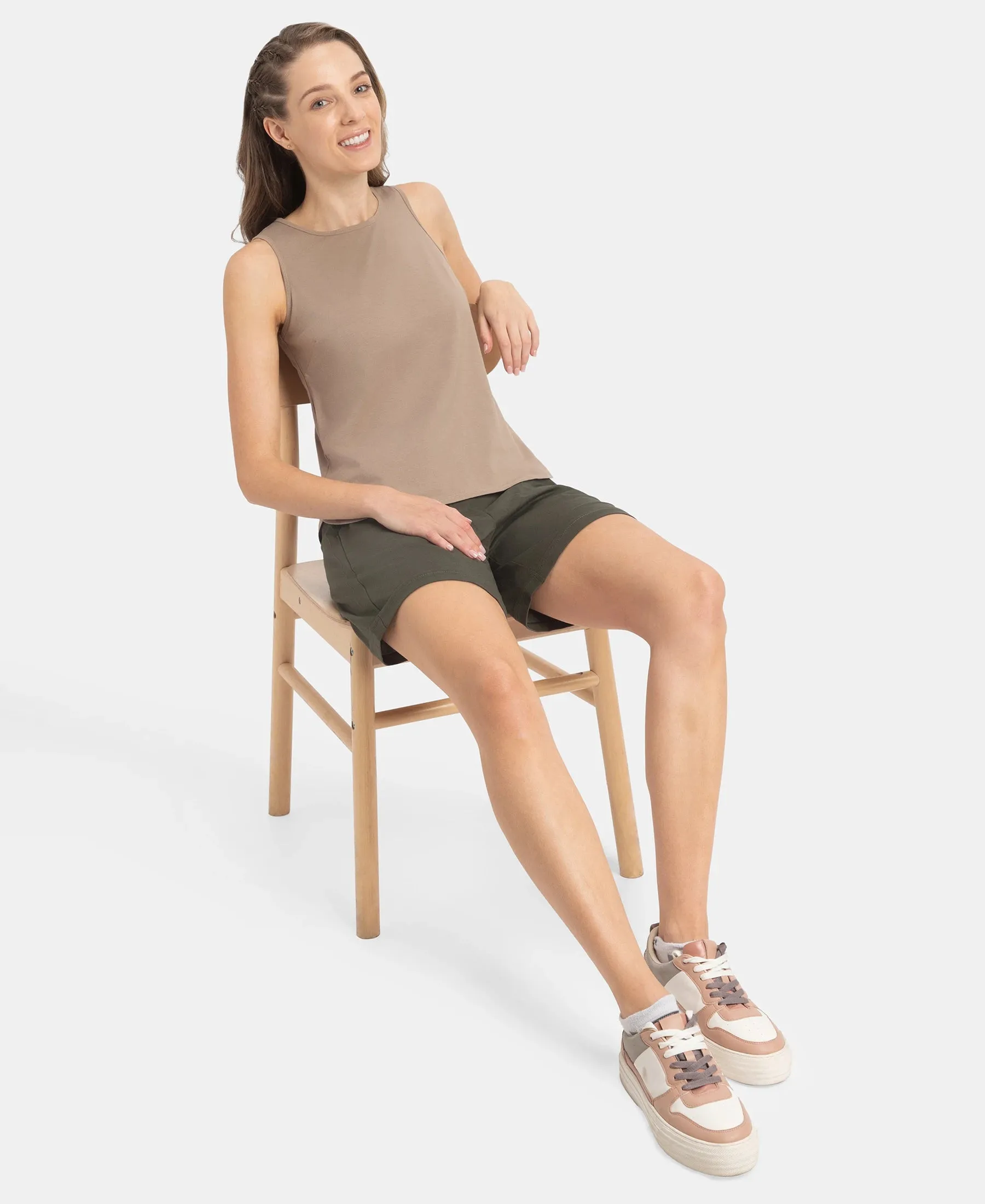 Super Combed Cotton Rich Solid Curved Hem Styled Tank Top - Desert Taupe