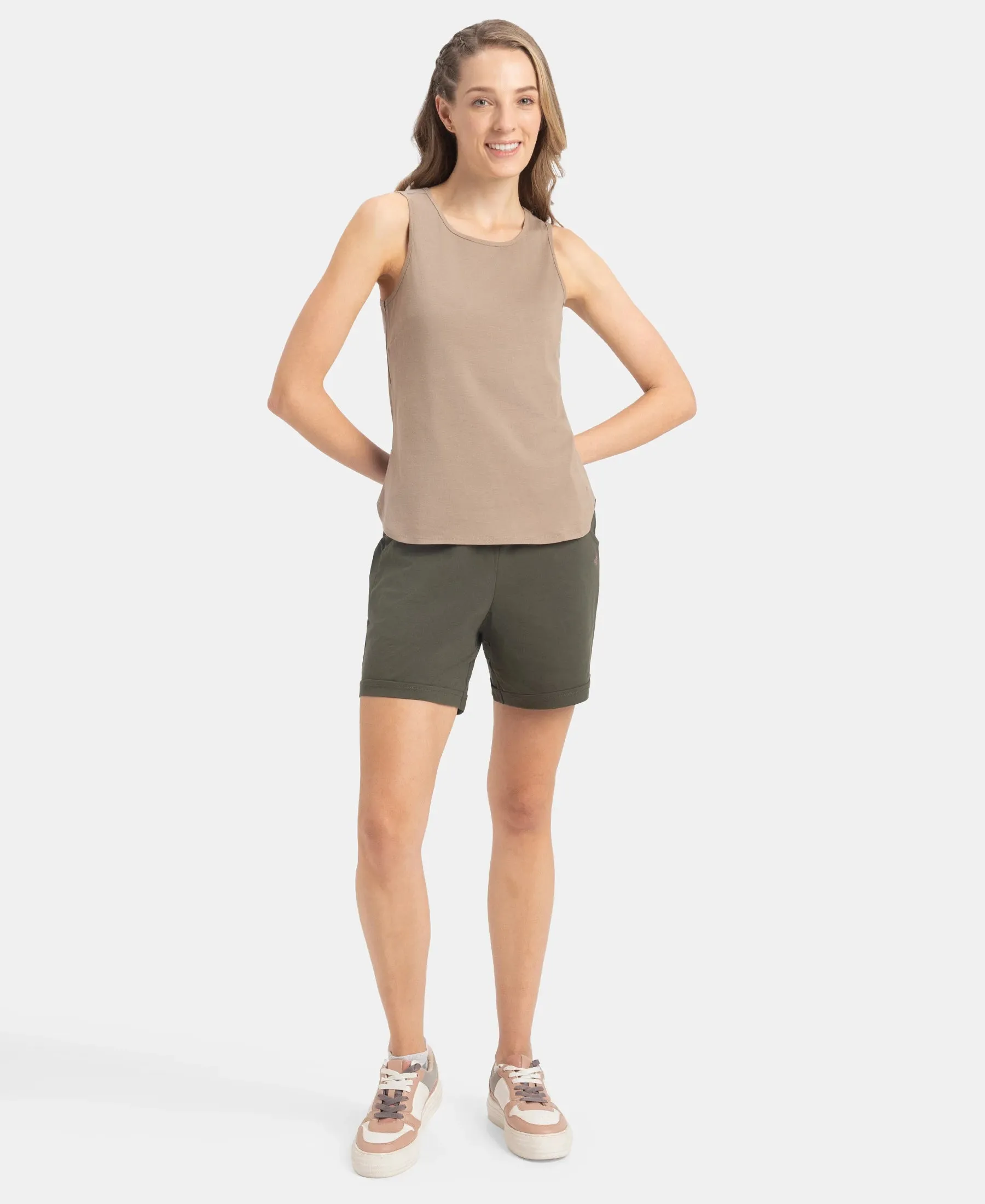 Super Combed Cotton Rich Solid Curved Hem Styled Tank Top - Desert Taupe