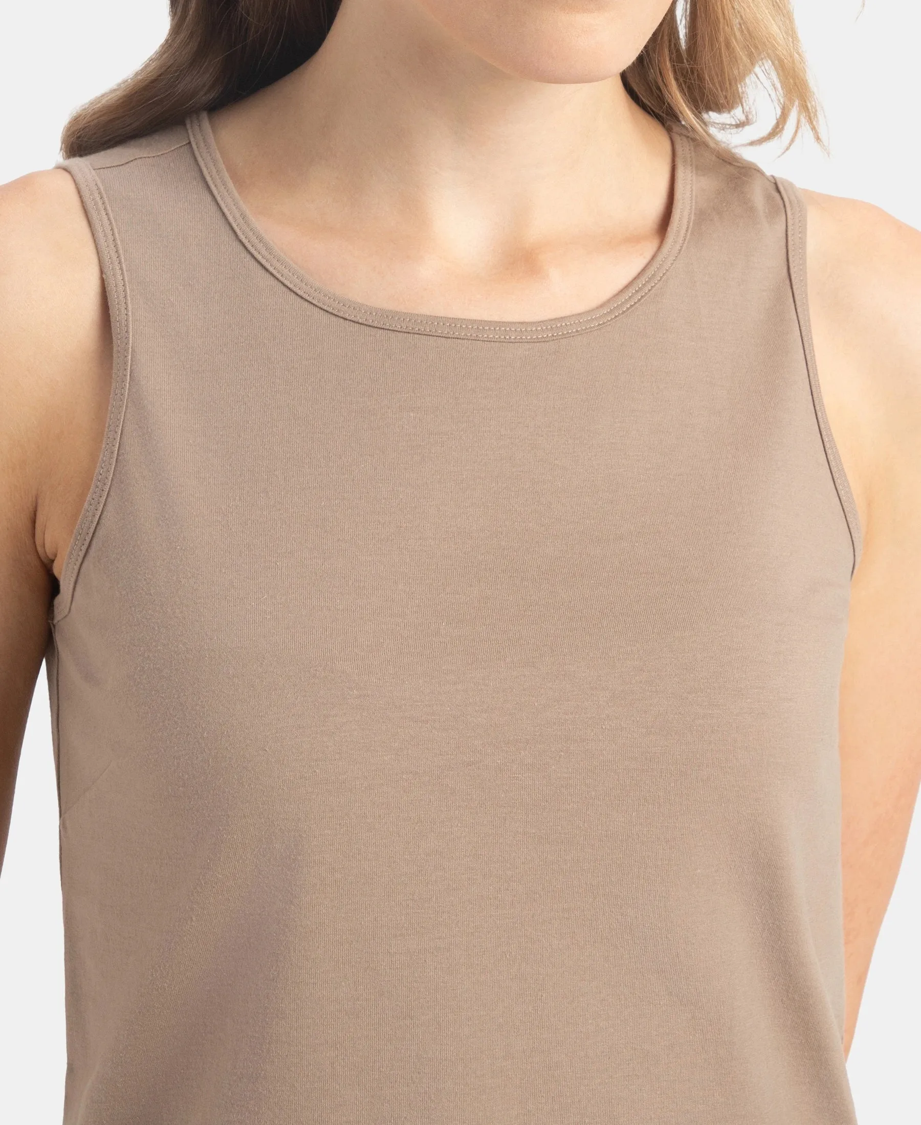 Super Combed Cotton Rich Solid Curved Hem Styled Tank Top - Desert Taupe