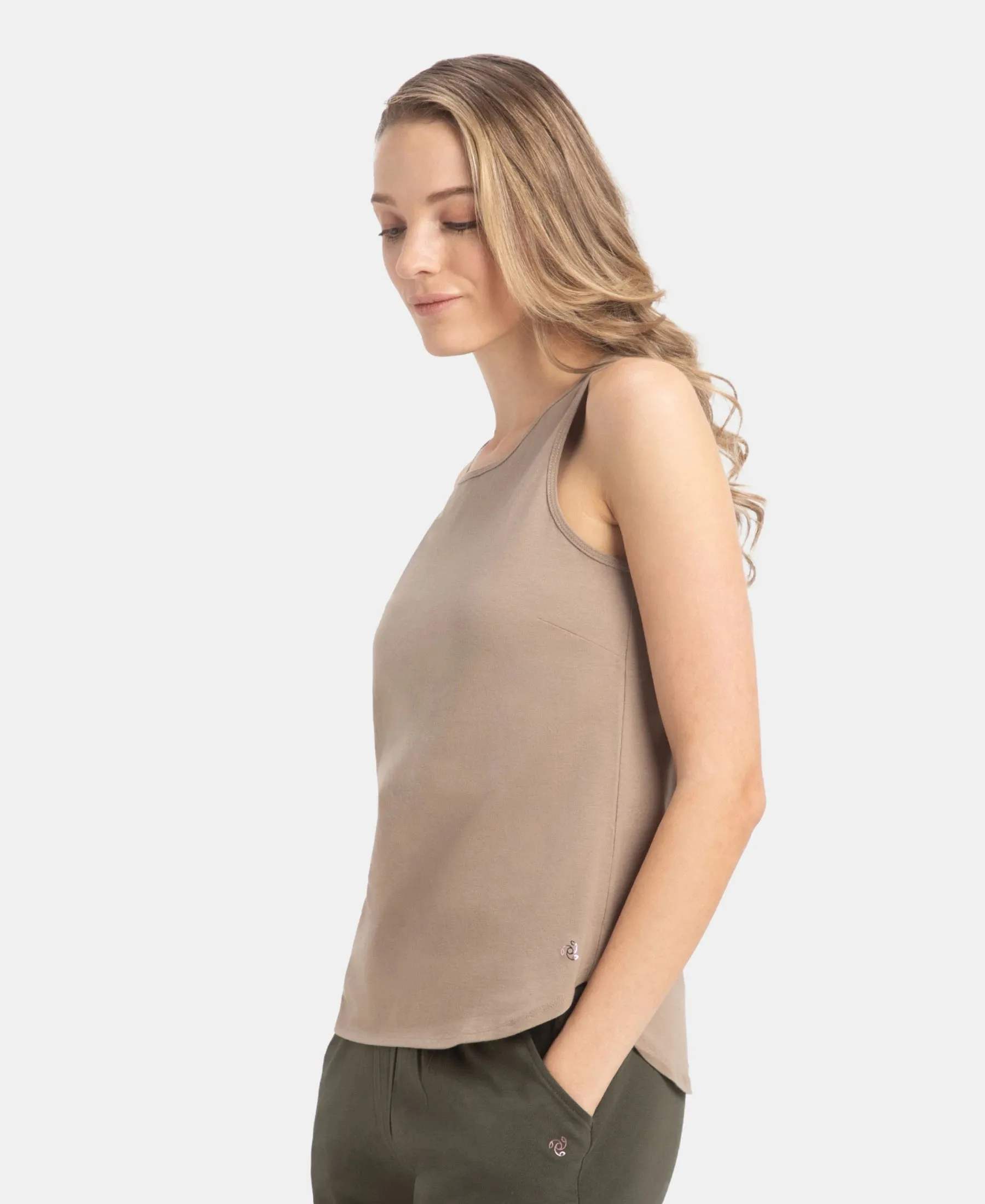 Super Combed Cotton Rich Solid Curved Hem Styled Tank Top - Desert Taupe