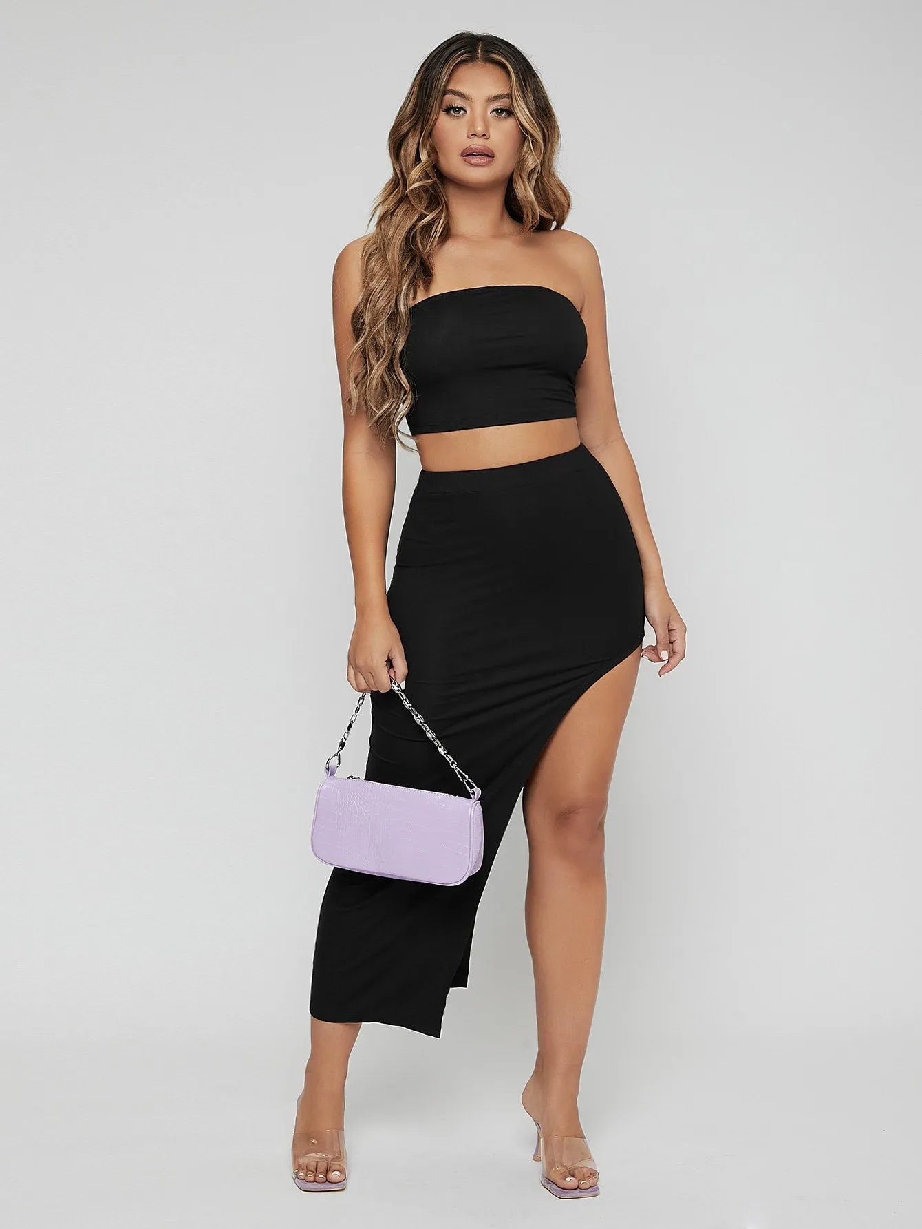 SXY Solid Tube Top and High Split Skirt