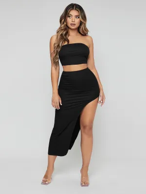 SXY Solid Tube Top and High Split Skirt
