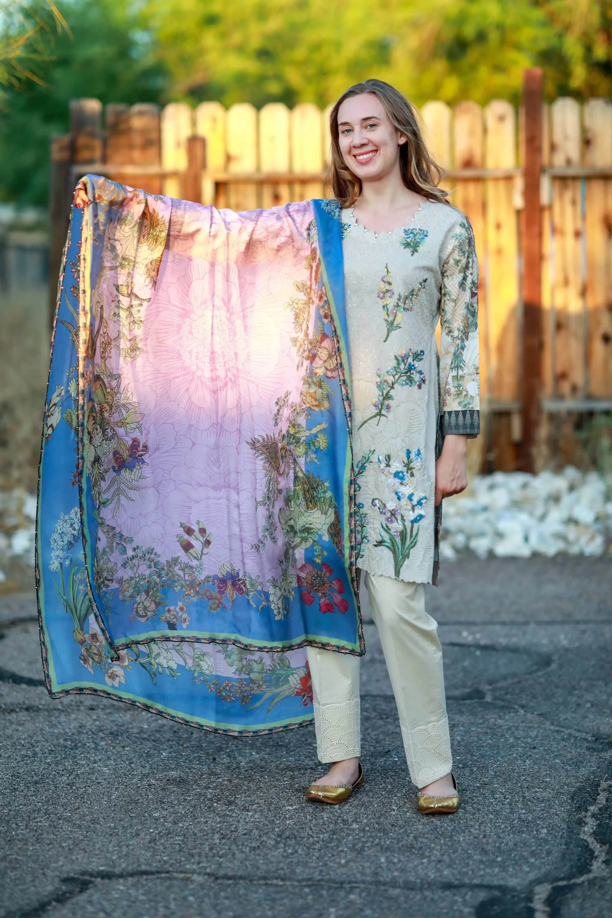 Tan Cotton Salwar Kameez Suit with Floral Embroidery