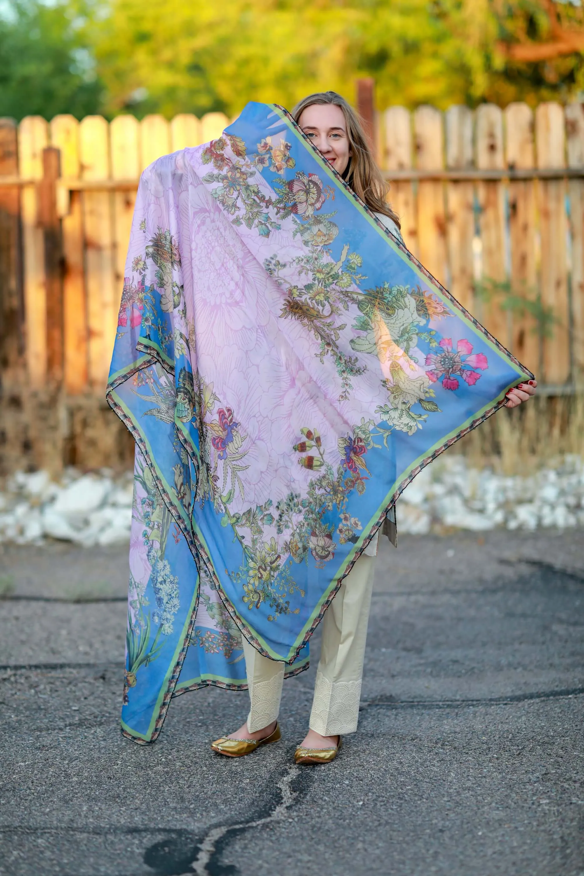 Tan Cotton Salwar Kameez Suit with Floral Embroidery