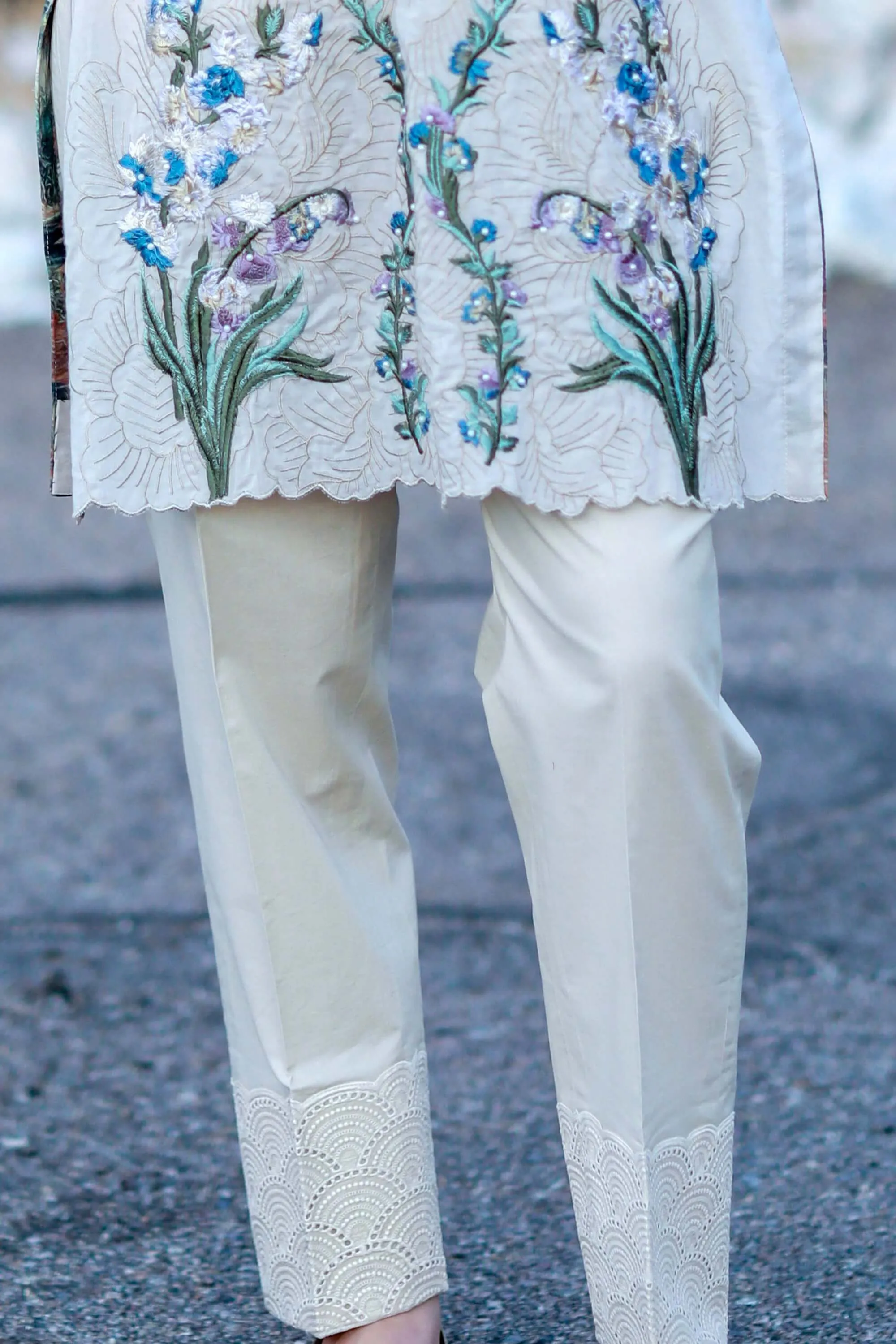 Tan Cotton Salwar Kameez Suit with Floral Embroidery