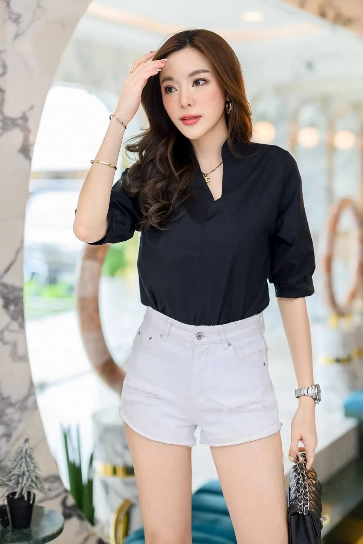TAYLOR Relaxed Mandarin Collar Top (Black)