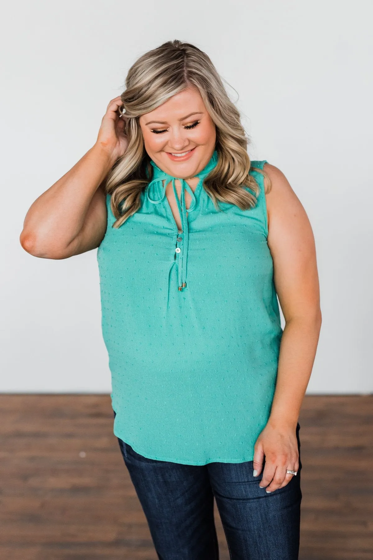 Tell My Story Neck Tie Tank Top- Dark Mint