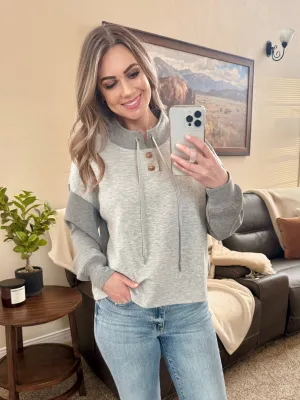 Tie Front Top With Contrasting Sleeves In Grey
